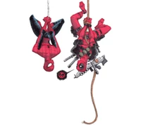 Spider-Man and Deadpool hanging upside down, showcasing a playful and dynamic juxtaposition of their iconic styles.