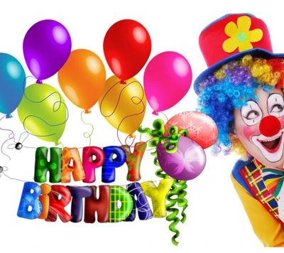 ballons, clown, heureux, joyeux anniversaire