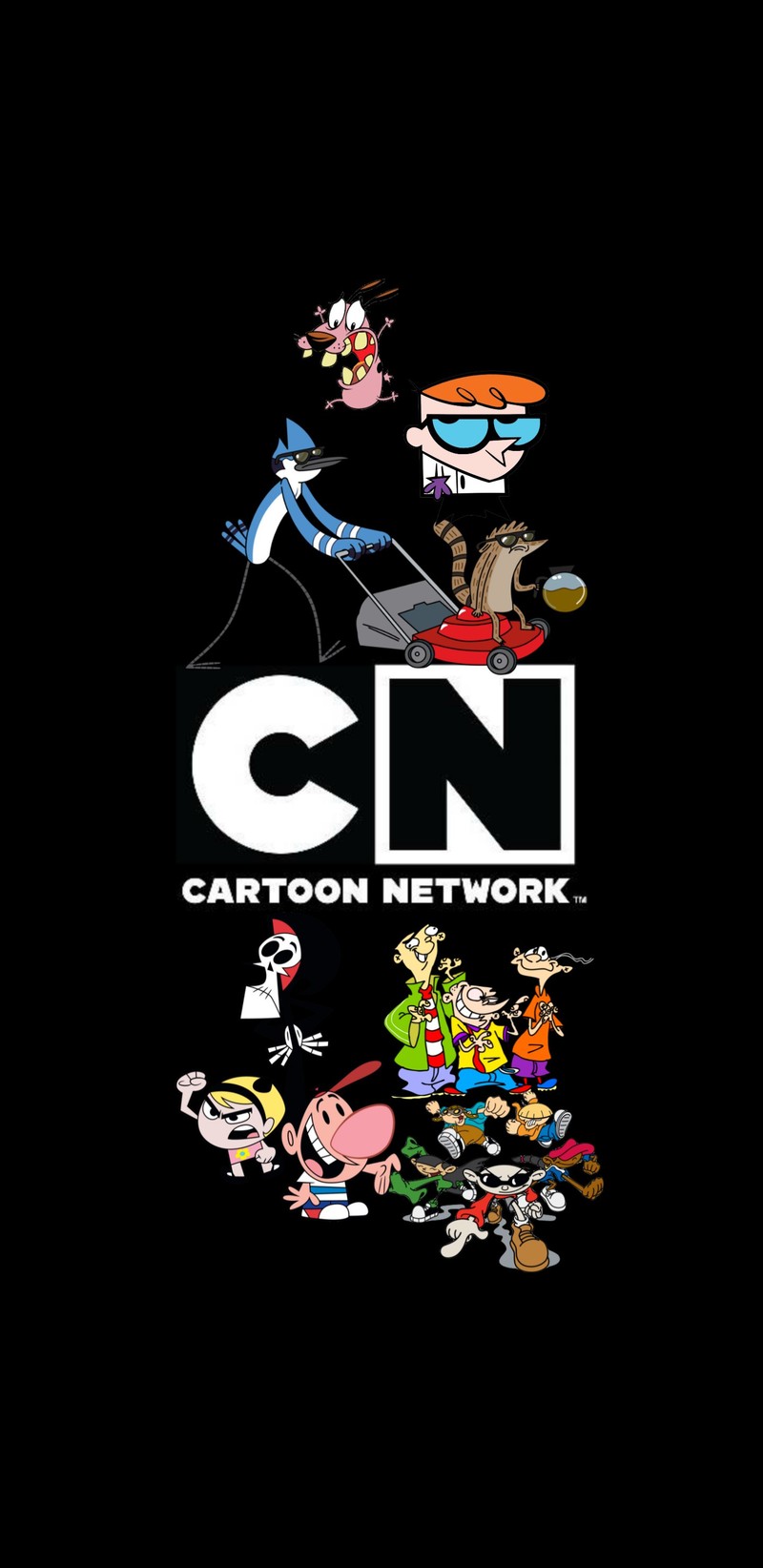 Крупный план логотипа cartoon network с множеством мультяшных персонажей (мультфильм, сеть, кодовое имя, knd, билли и мэнди)