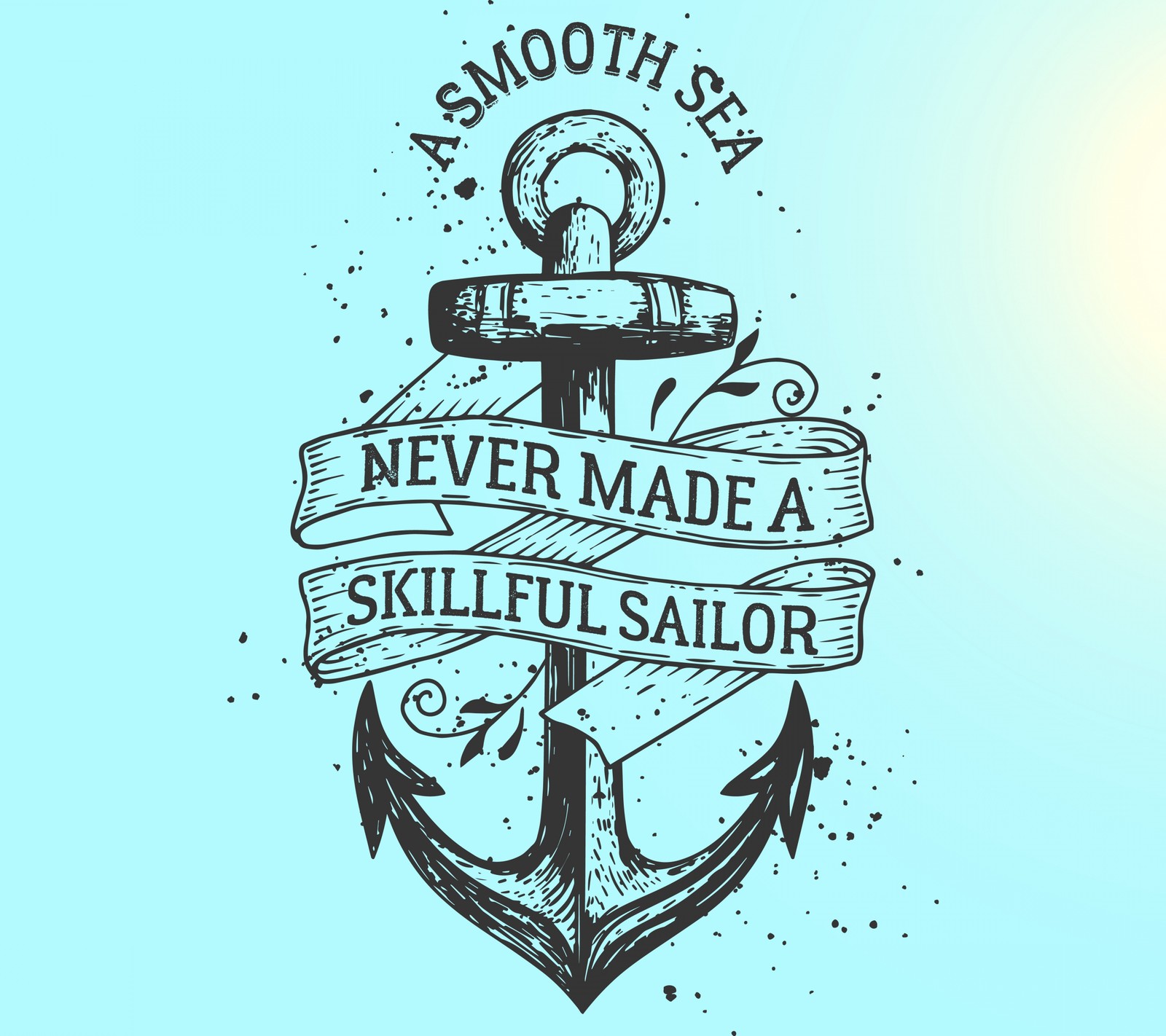 A blue background with a black anchor and a ribbon with a message (anchor, sea)