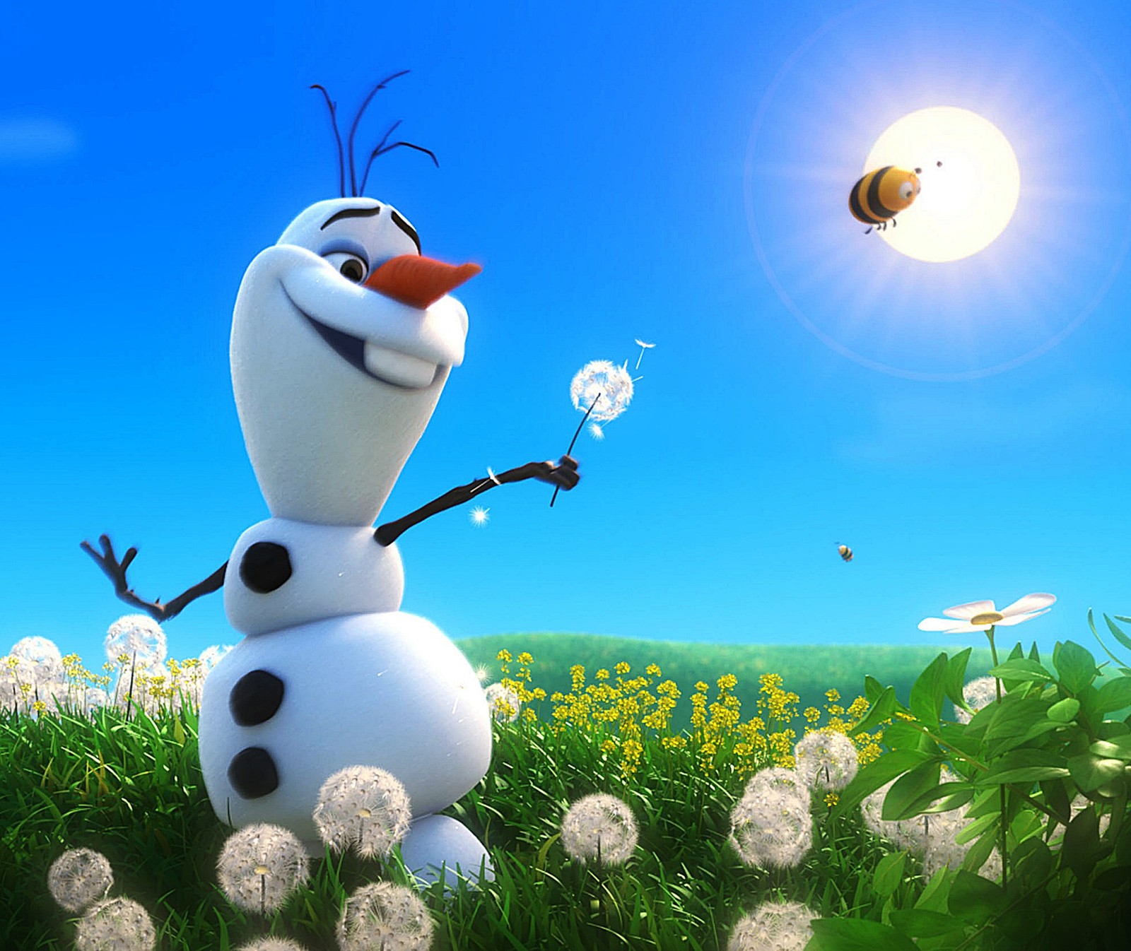 A close up of a snowman with a bee flying in the sky (frozen, other, snow, snowman, snowman olaf)