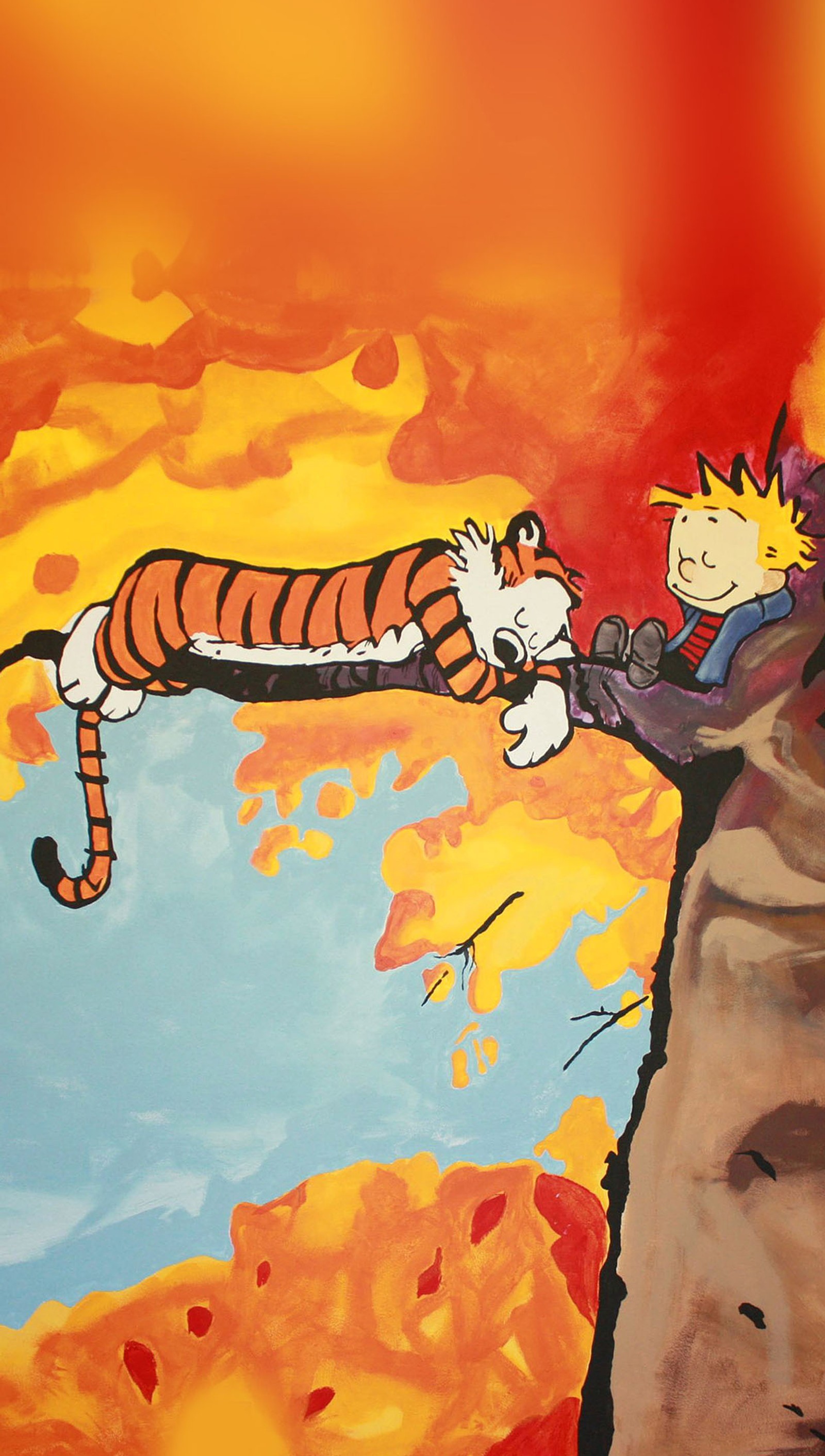 Pintura de um tigre e um homem em um penhasco (calvin e hobbes, desenhos animados)