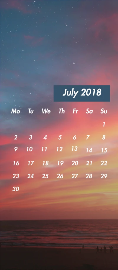 Calendrier de Juillet 2018 avec fond de coucher de soleil