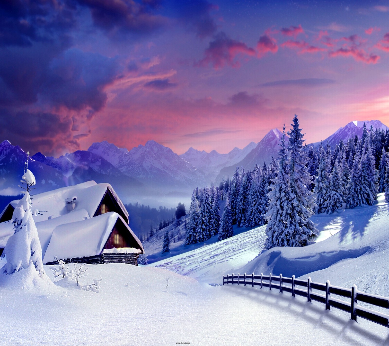 christmas, houses, landscape, snow, sunset wallpaper