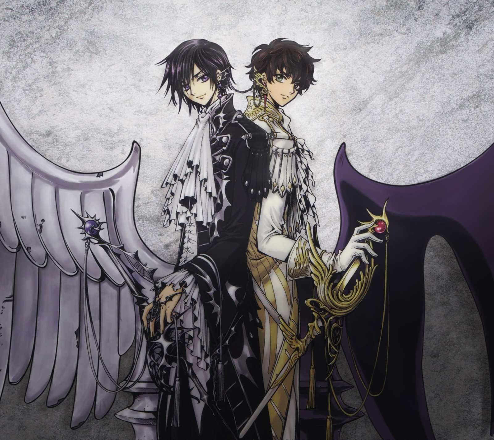 Anime characters dressed in black and white with wings and a sword (britannia, code, geass, kurugi, lelouch)