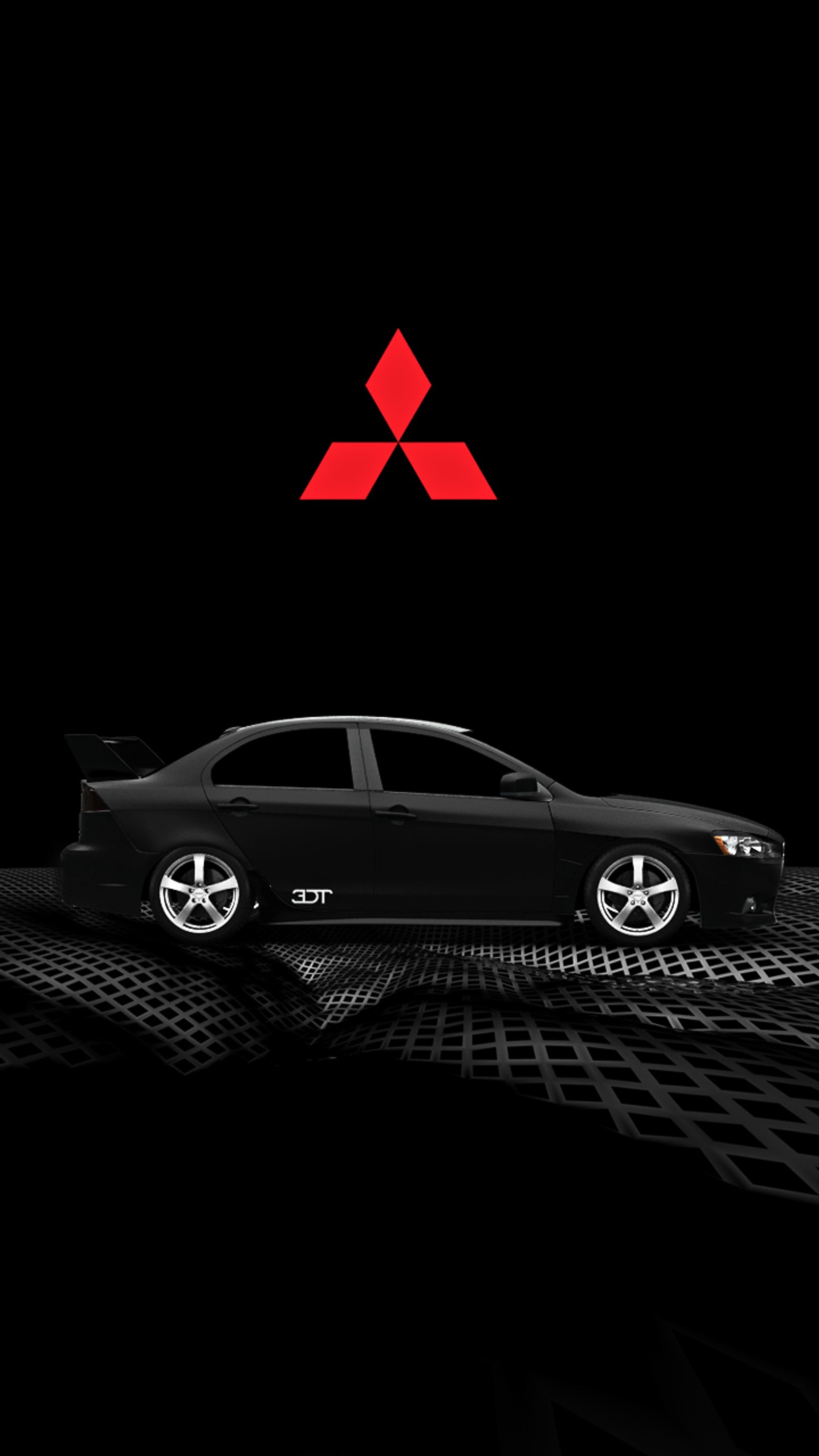 A close up of a car on a black background with a red logo (black race, lancer, mitsubishi, shark)