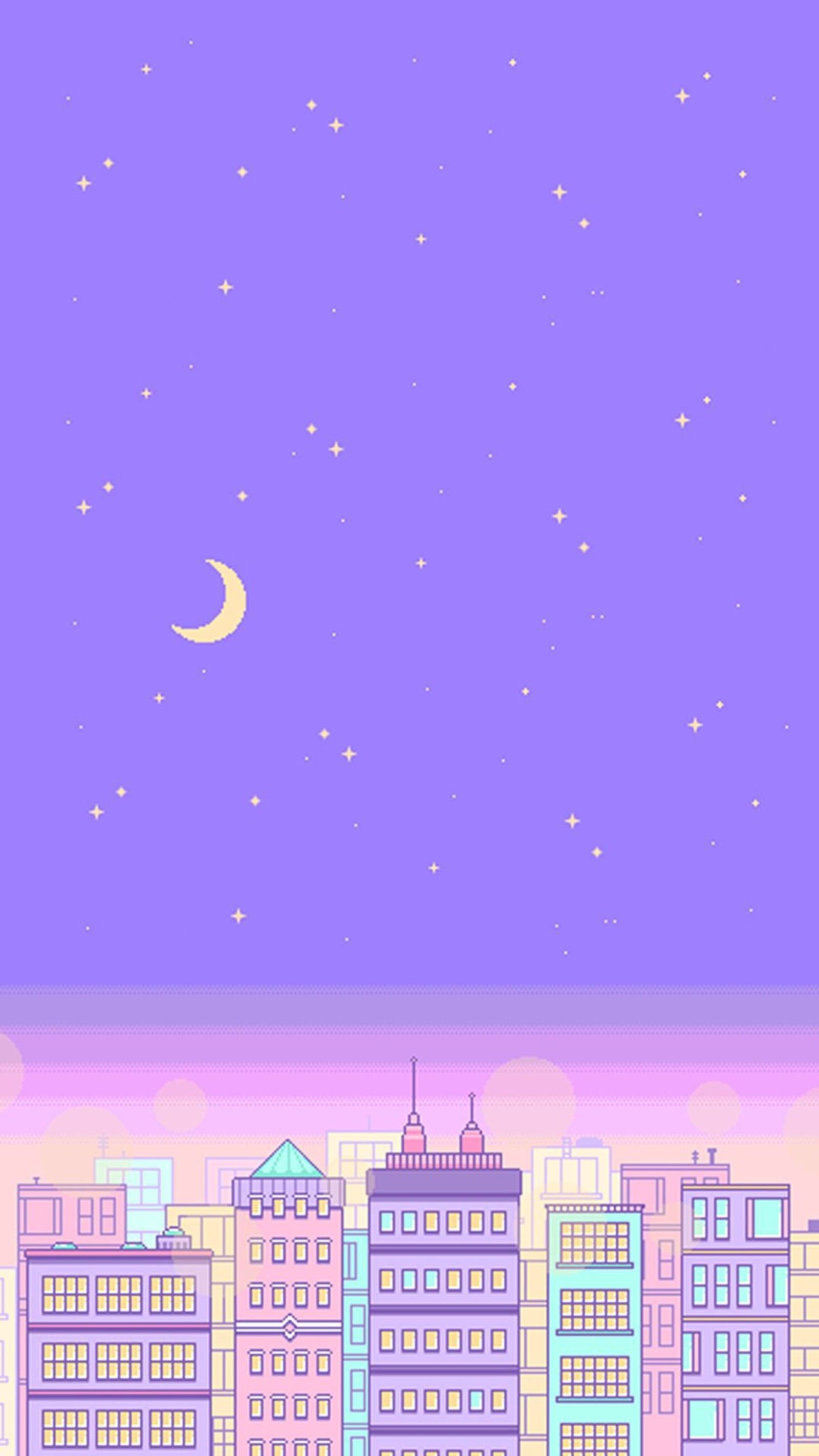 Paysage urbain nocturne avec des étoiles et la lune dans le ciel (8 bits, papier peint, esthétique, pastel, pixel)