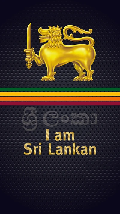 Emblema de león dorado con espada, acompañado de la frase "Soy de Sri Lanka", sobre un fondo oscuro texturizado con una franja tricolor.