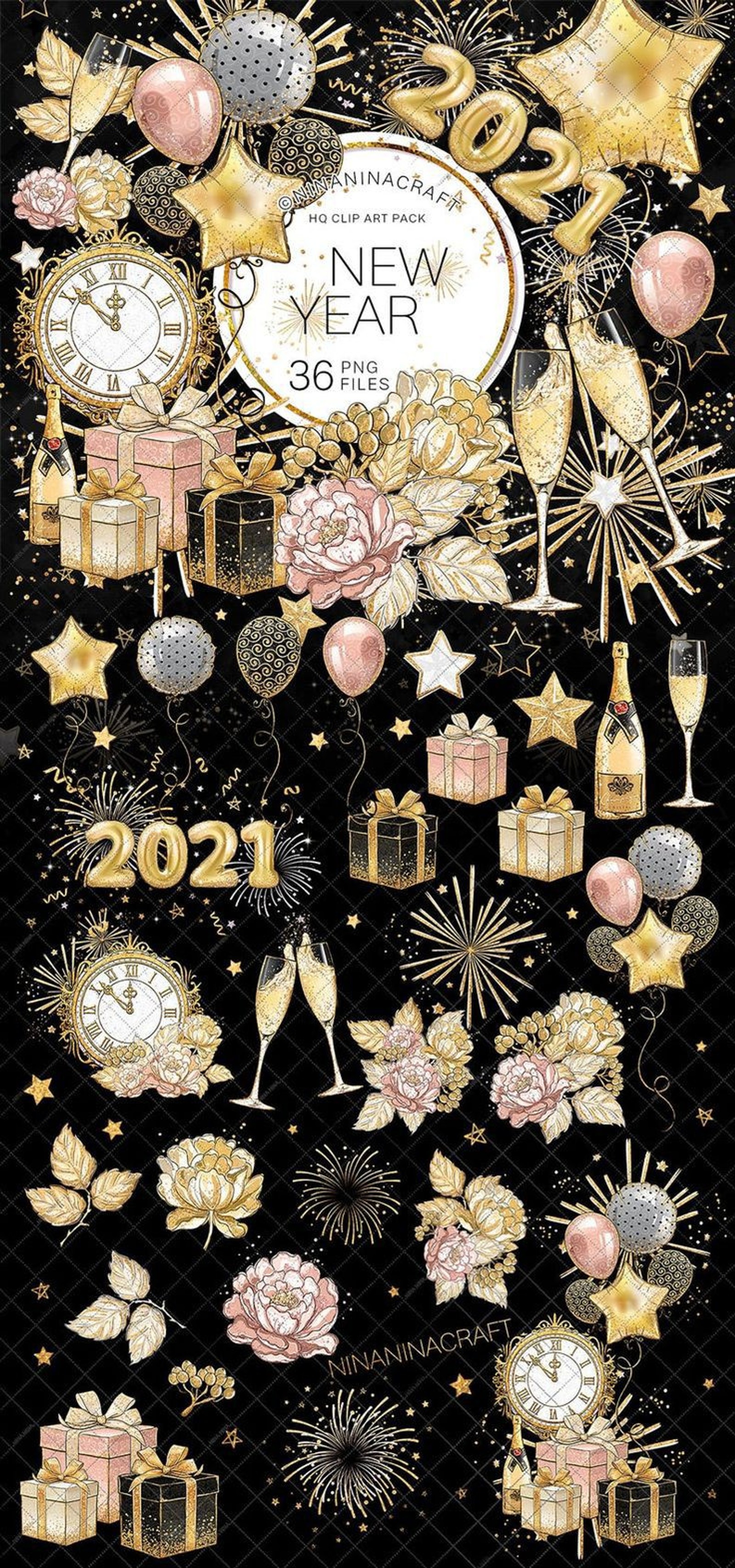 A close up of a poster with a bunch of different items (balloon, black, gift, glitter, golden)