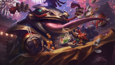 Moeda Imperador Tahm Kench celebra com banquete e fogos de artifício