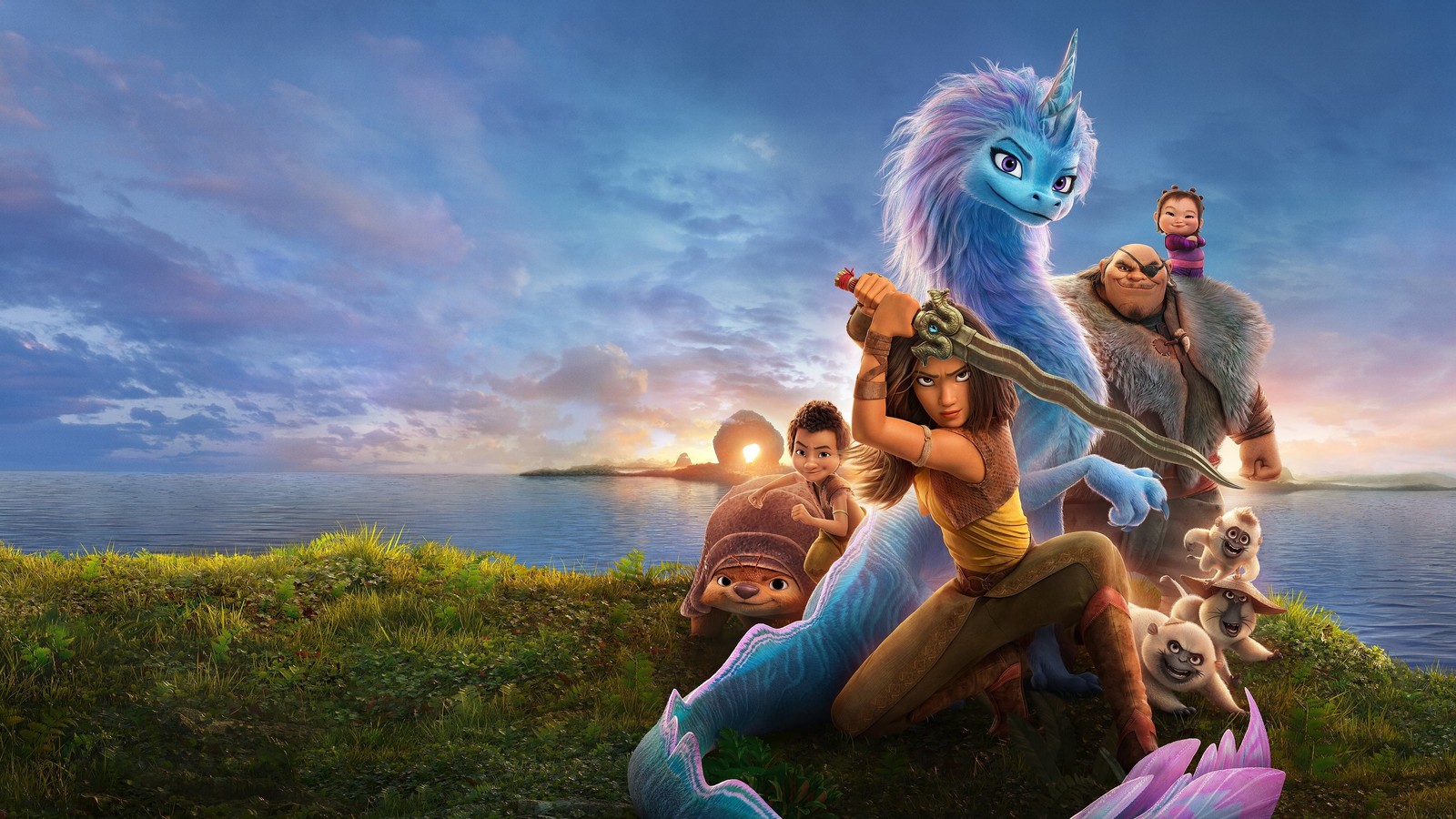 A group of people standing around a blue dragon with a group of other people (raya and the last dragon, movie poster, animation, 2021 movies, movies)