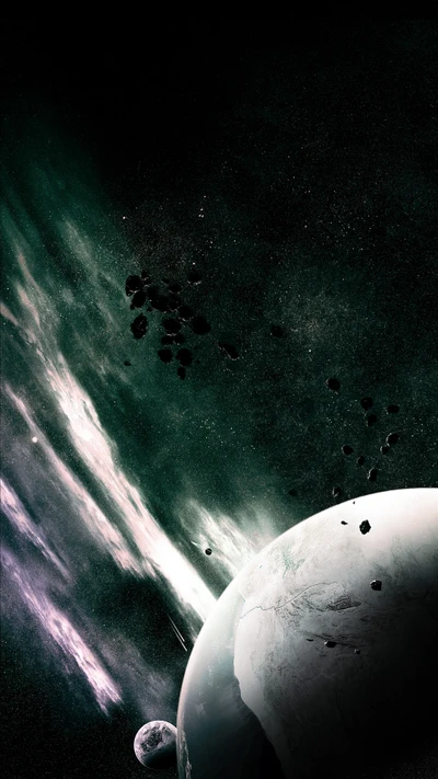 Celestial Landscape: A Black and White Exploration of Cosmic Elements and Planetary Formation.