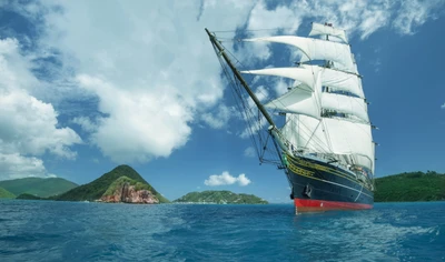 Majestic sailing ship gliding through serene waters under a bright sky, with lush green hills in the background.