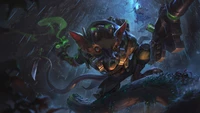 Pele Omega Squad: Arte de Splash de League of Legends Apresentando um Campeão Furtivo em um Ambiente Chuvoso