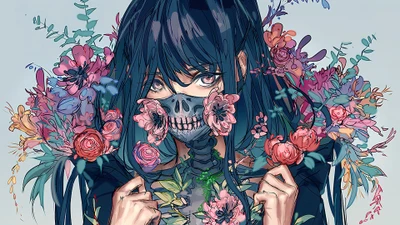 Chica de anime con máscara floral y arte digital intrincado