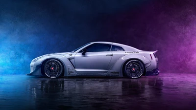 Nissan GT-R R35 en humo neón: estética oscura arte digital