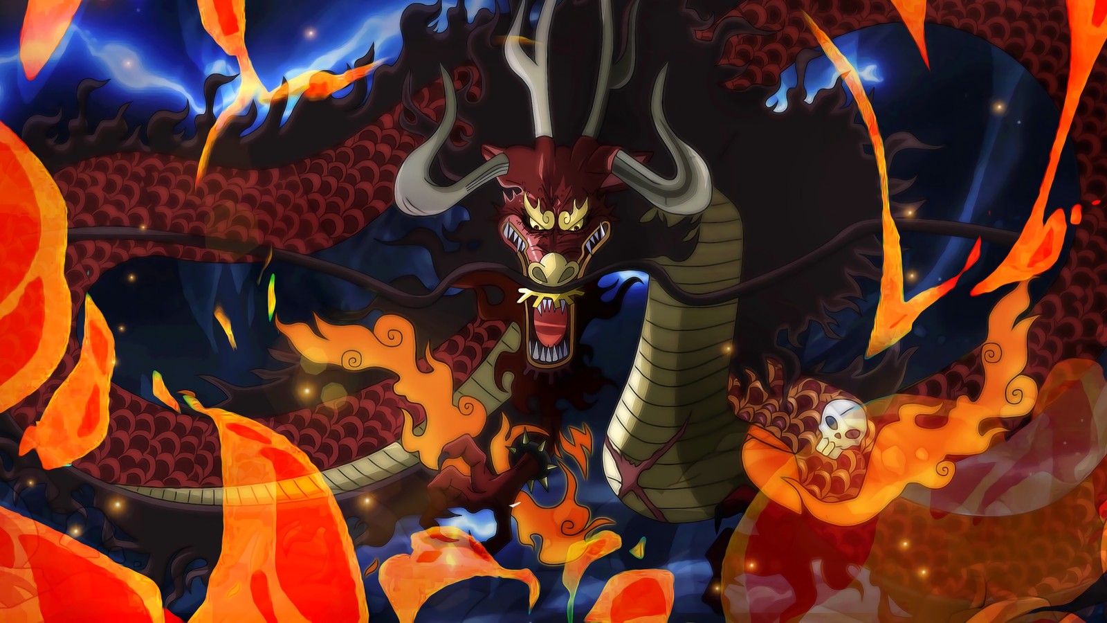 Un primer plano de un dragón con fuego en su espalda (kaido, dragón, forma, one piece, anime)