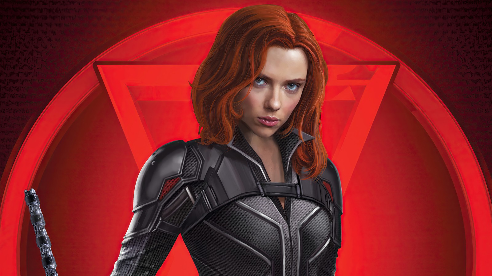 Un primer plano de una mujer en un traje de viuda negra sosteniendo una espada (viuda negra, black widow, marvel, película, arte)