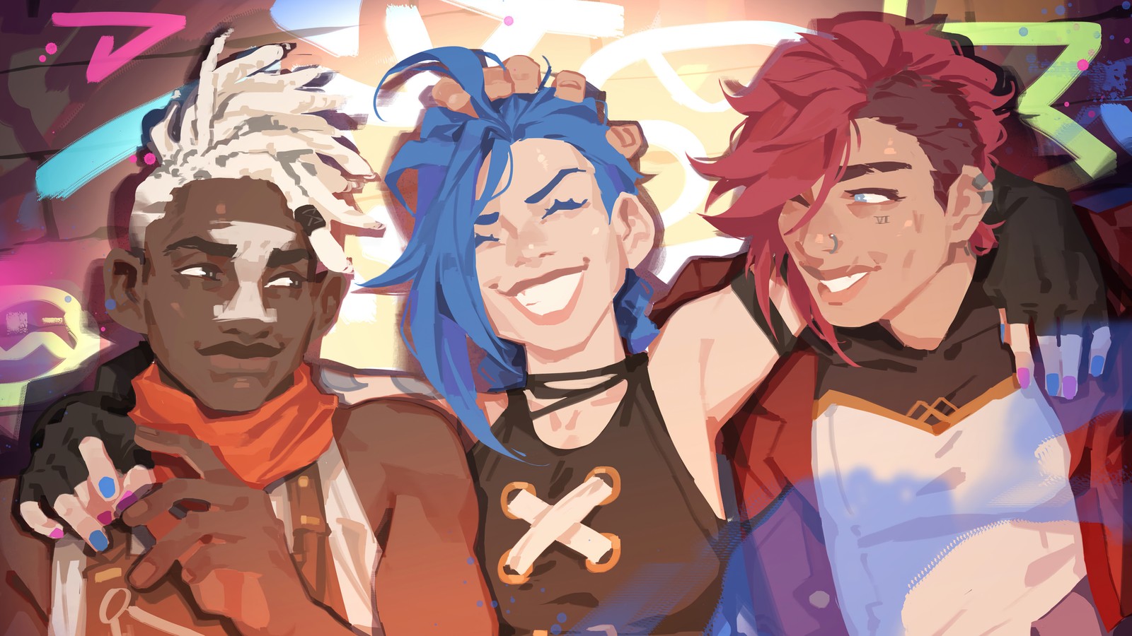 A group of people with blue hair and red hair standing together (arcane series, tv series, arcane, ekko, jinx)