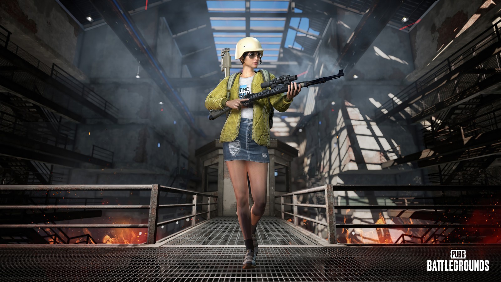 A woman in a yellow jacket holding a gun in a building (pubg, playerunknowns battlegrounds, video game, yellow, jacket)