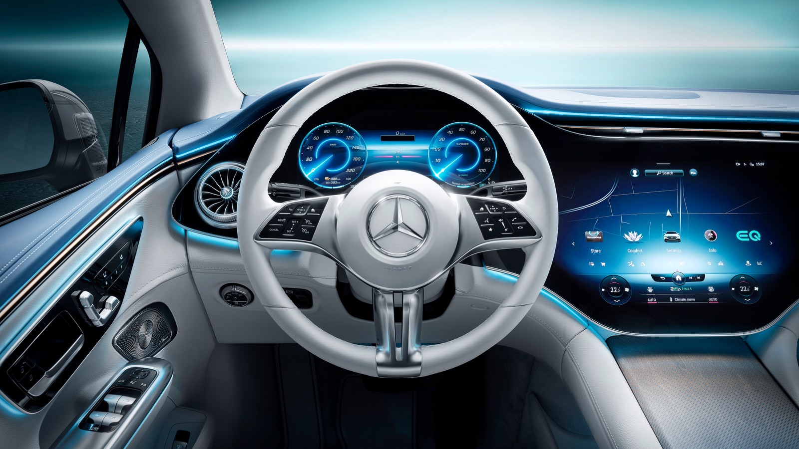 El interior del sedán mercedes e-class (mercedes benz eqe 350 amg line, interior, edición 1, 2022, coches eléctricos)