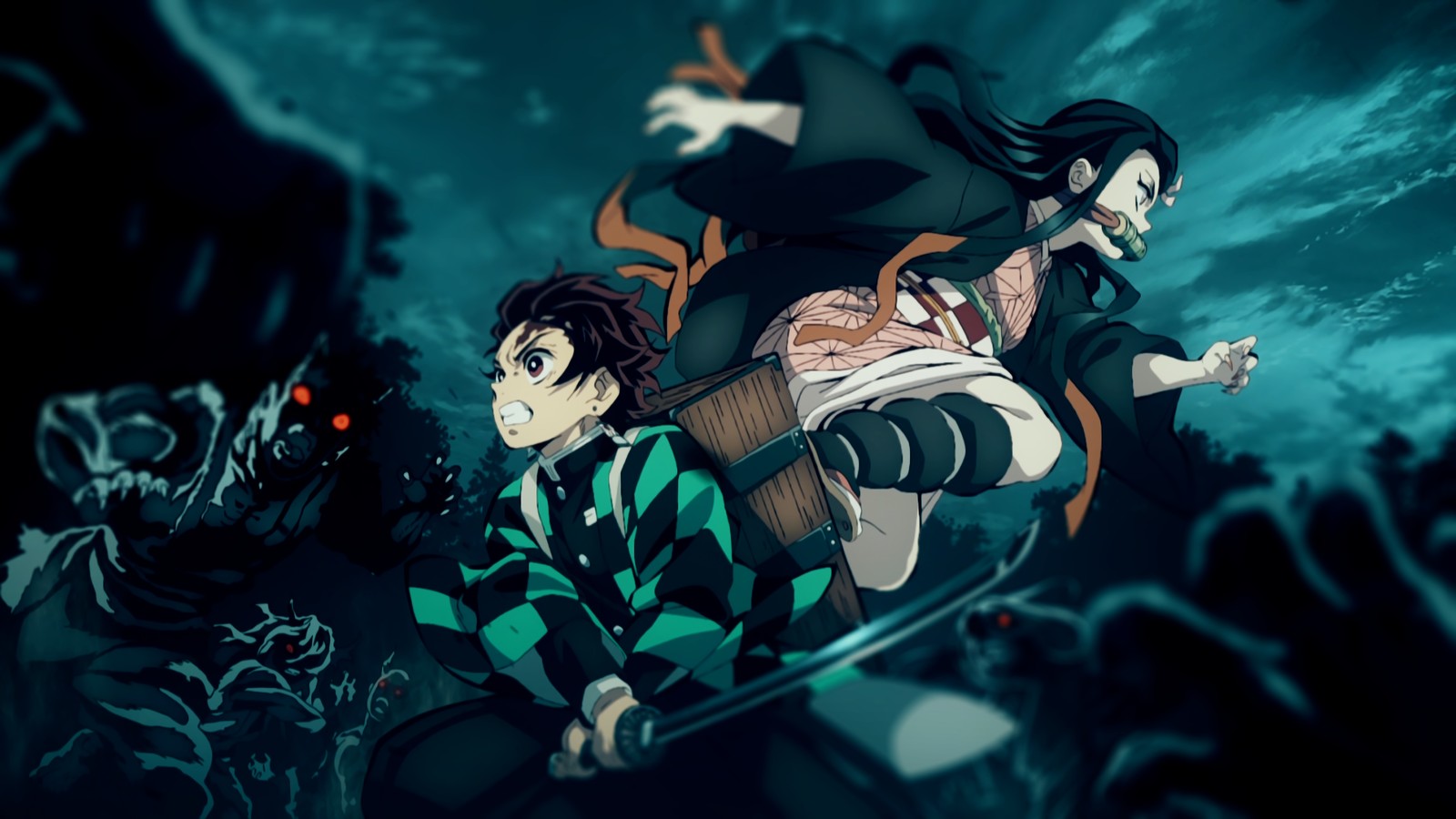 Un grupo de personajes de anime volando por el aire (tanjirou kamado, nezuko kamado, kimetsu no yaiba, asesino de demonios kimetsu no yaiba, demon slayer kimetsu no yaiba)