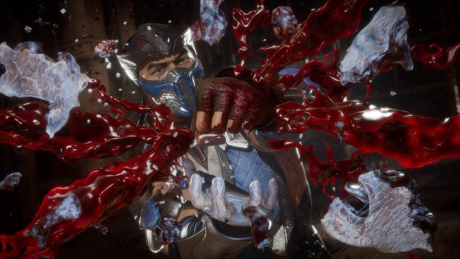 A man riding a motorcycle with blood pouring down the side (sub zero, mortal kombat 11, video game)