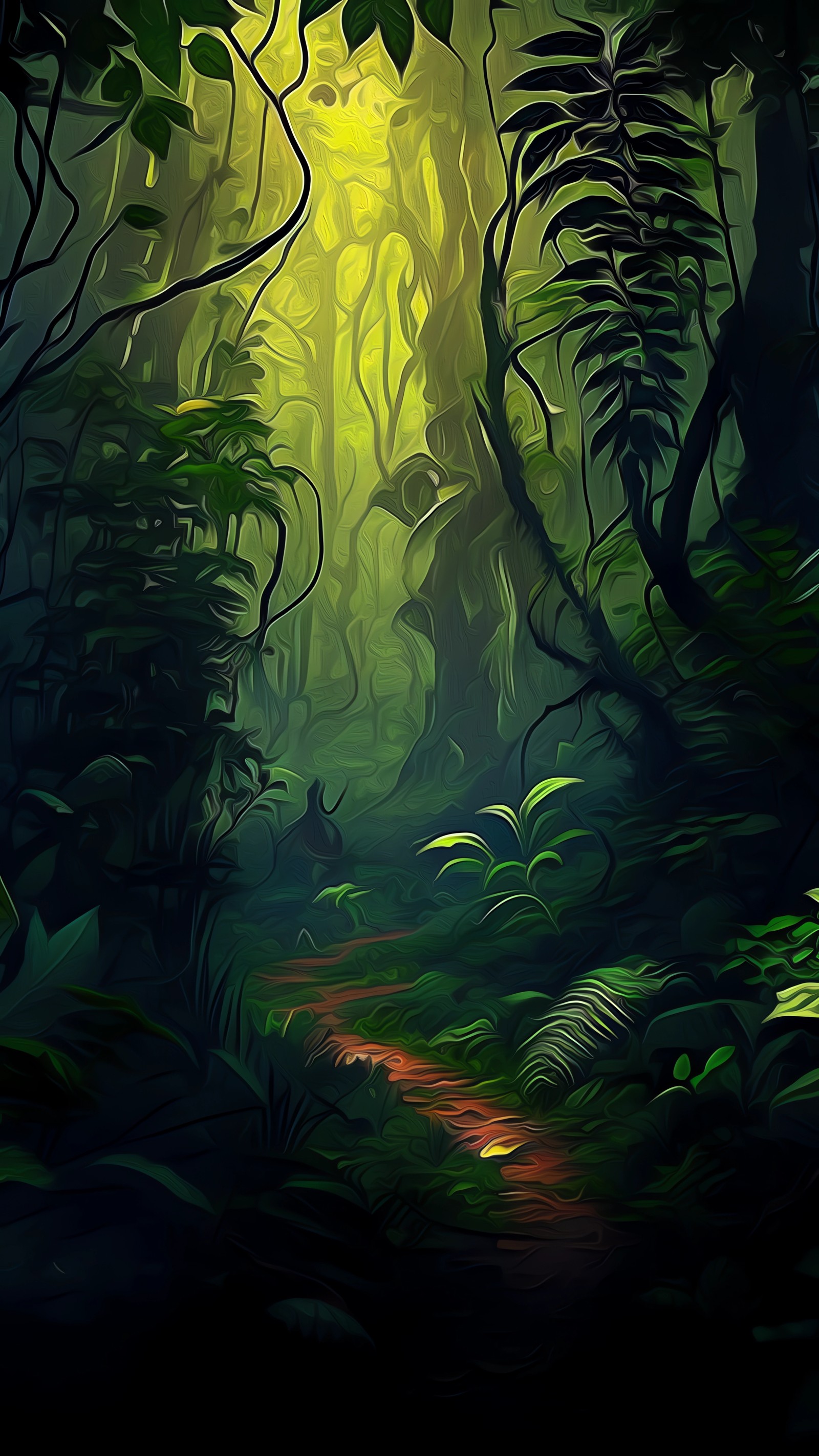 A close up of a forest with a path in the middle (plant, leaf, branch, terrestrial plant, sunlight)