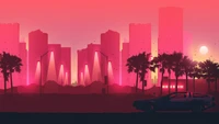 Paisaje urbano vibrante de synthwave al anochecer