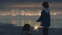 Duas garotas de anime desfrutando de fogos de artifício em uma praia sob um céu noturno cheio de luzes da cidade