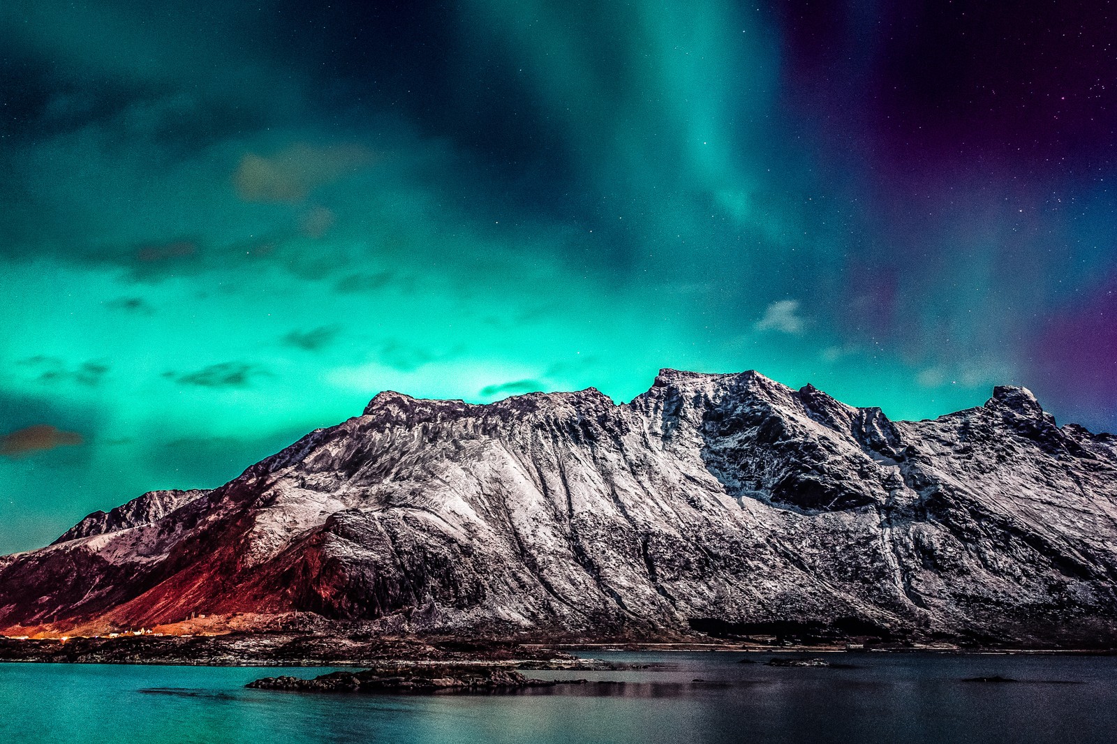 nordic mountain range, aurora borealis, starry sky, glacier mountains, snow covered wallpaper