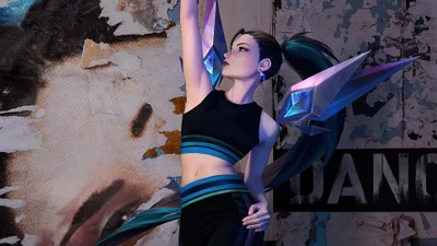 K/DA Kai'Sa en una pose de baile dinámica contra un fondo de graffiti