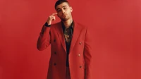 Zayn Malik in einem auffälligen roten Doppelreiher-Blazer vor einem kräftigen roten Hintergrund, der Eleganz und Stil ausstrahlt.