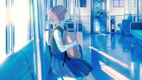 Chica de anime en un tren: Un viaje sereno de estudiante