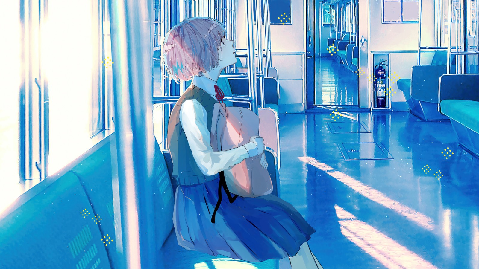 Fille anime assise dans un train avec un sac à dos et un téléphone portable (anime, filles danime, étudiant, monter, train)