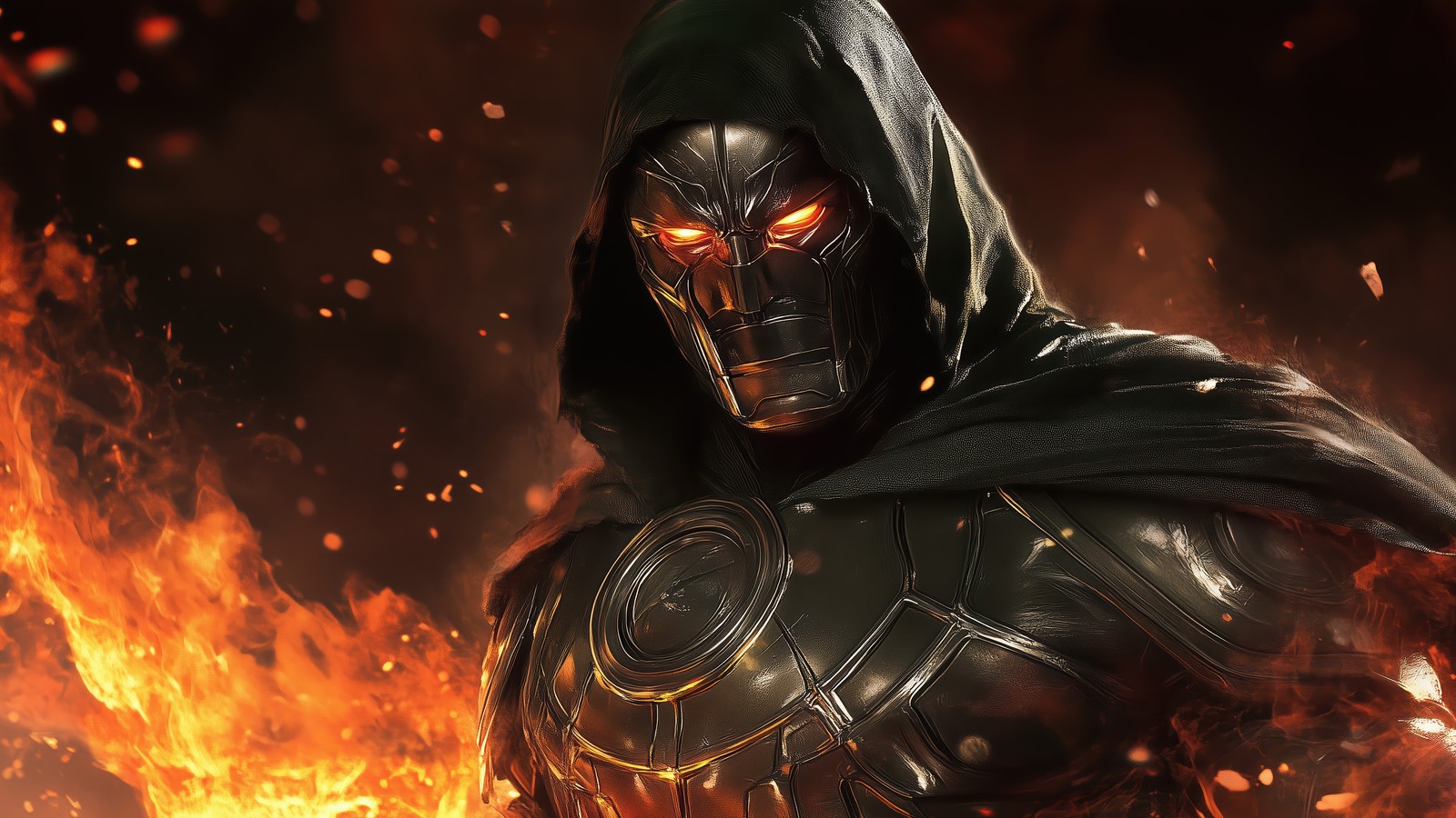 Um homem de moletom preto com chamas ao seu redor (doctor doom, marvel, quadrinhos, supervilão, super vilão)