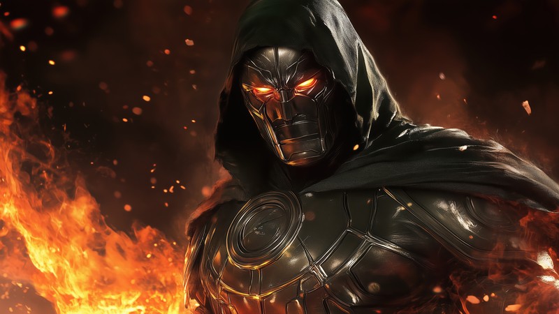 Мужчина в черном худи с пламенем вокруг него (доктор зловещий, doctor doom, marvel, комиксы, суперзлодей)