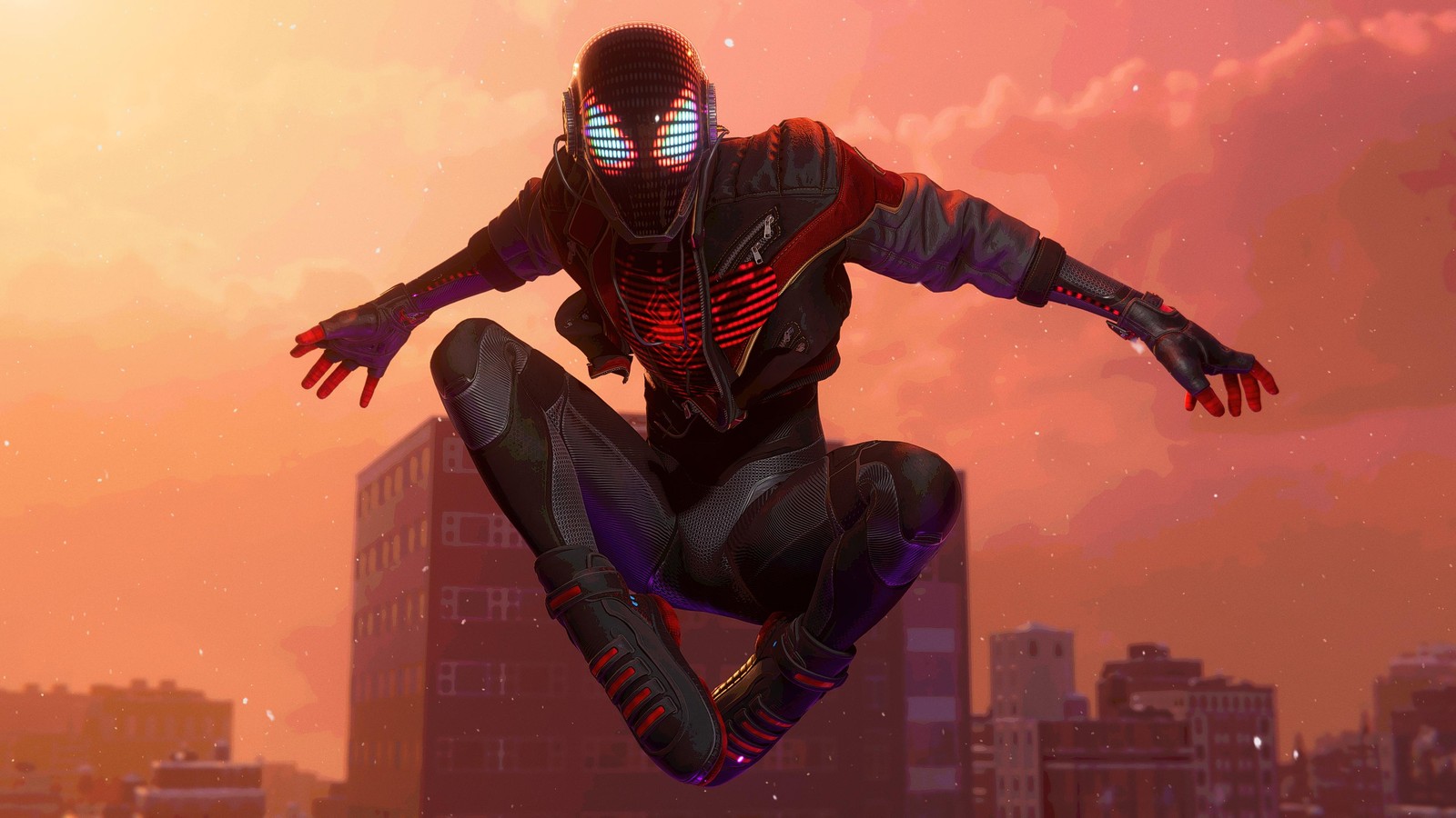 Spider-man in einem anzug springt durch die luft über einer stadt (spider man miles morales, spider man, 2021 spiele, playstation 5, spiderman)