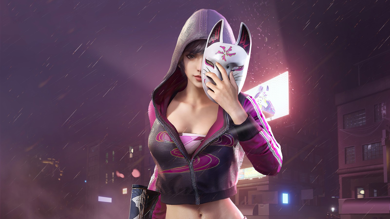 Une femme en hoodie tenant une arme et un masque de chat (pubg mobile, playerunknowns battlegrounds, jeu vidéo, filles, masque)