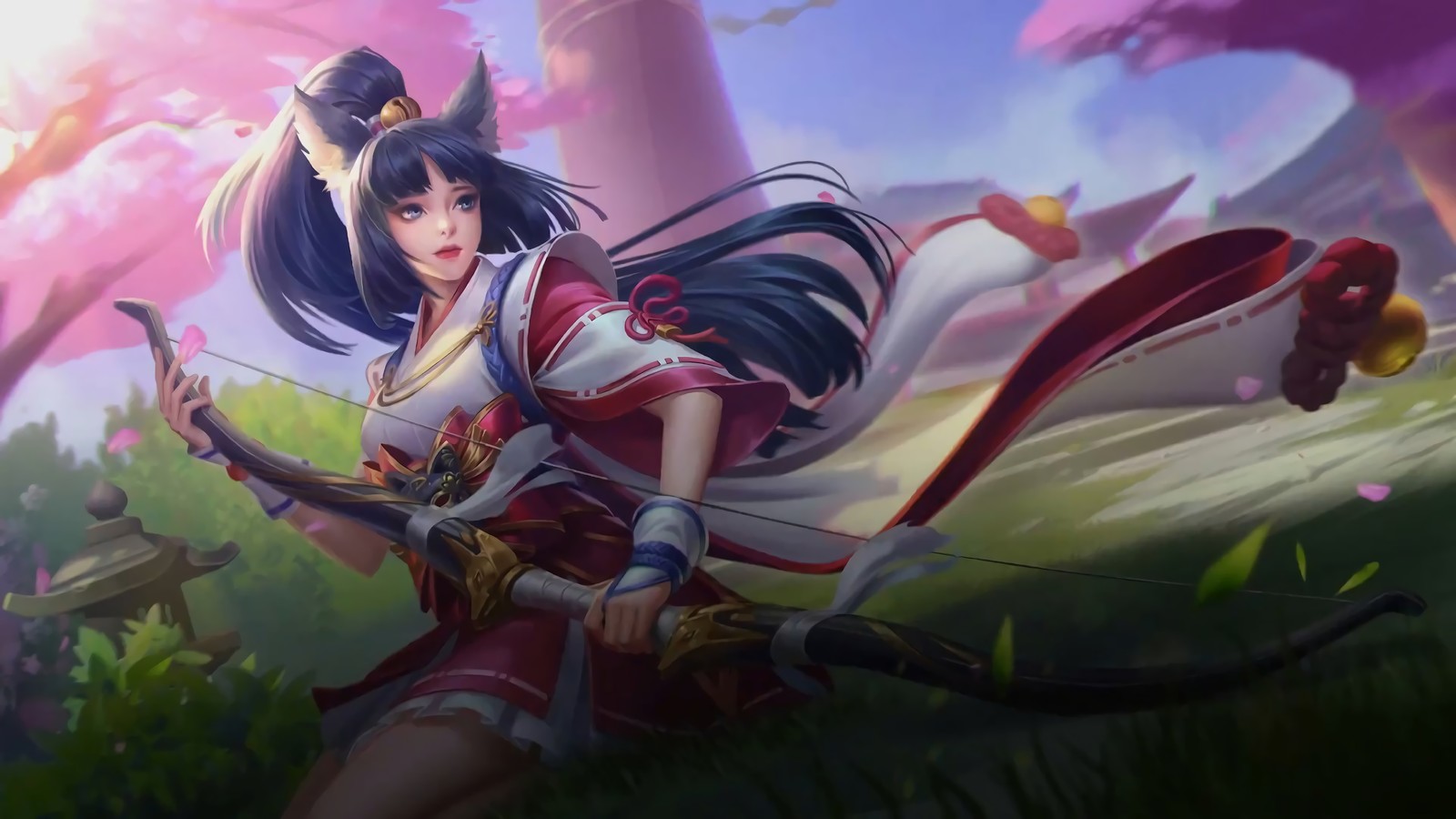 Une femme avec un arc et une flèche à la main (miya, suzuhime, peau, mobile legends, ml)