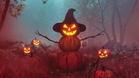 Enchanting Halloween Pumpkin Man Amidst Glowing Jack-o'-Lanterns