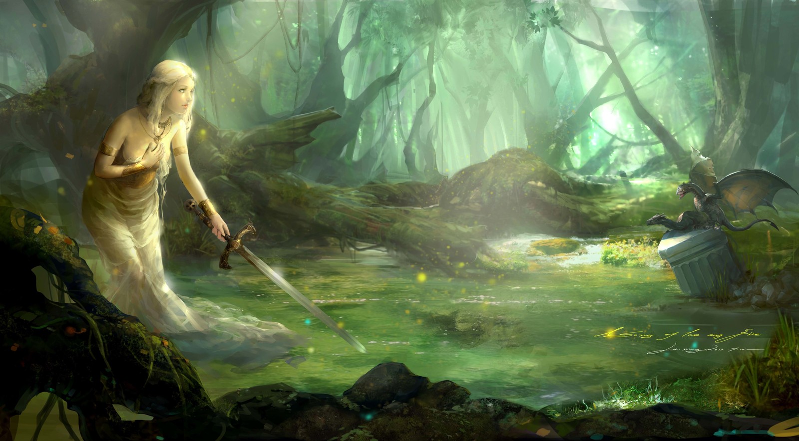 Lade daenerys targaryen, ein lied von eis und feuer, wald, mythologie, wasser Hintergrund herunter