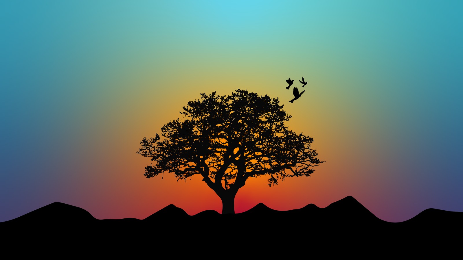 Silhouette of a tree with birds flying over a mountain range (glacier national park, ecoregion, afterglow, people in nature, natural landscape)