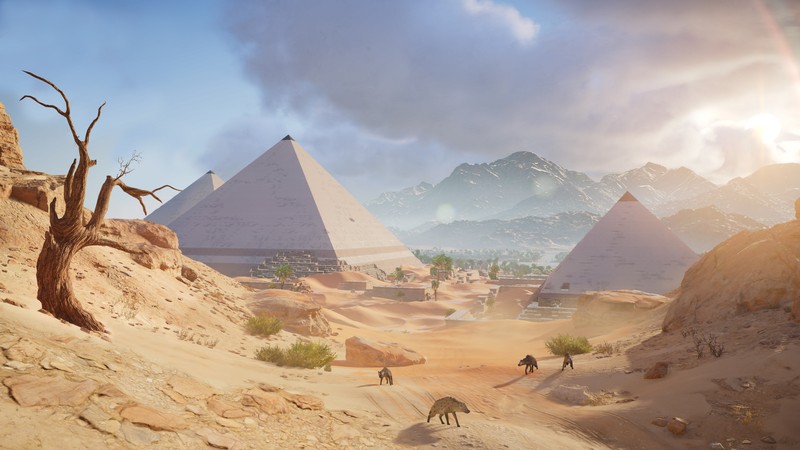 Вид сверху на пустыню с пирамидой и несколькими людьми (assassins creed origins, ubisoft, пирамида, пустыня, пейзаж)