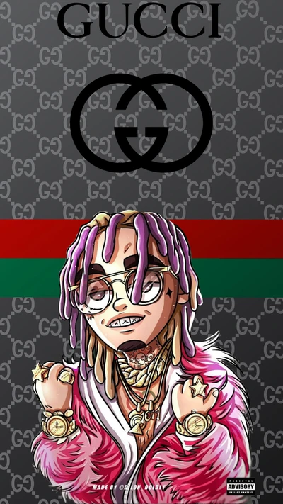 Art cartoon vibrant d'un rappeur avec des cheveux colorés, portant un manteau en fourrure rose et des bijoux flashy sur un fond à thème Gucci.