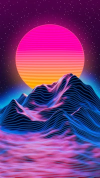 Retro-Synthwave-Landschaft mit lebhaftem Sonnenuntergang und bunten Bergen