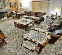 A lavish living room completely covered in piles of cash, with money adorning the furniture and floor.