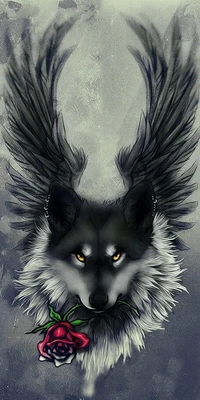 black, rose, wings, wolf wallpaper