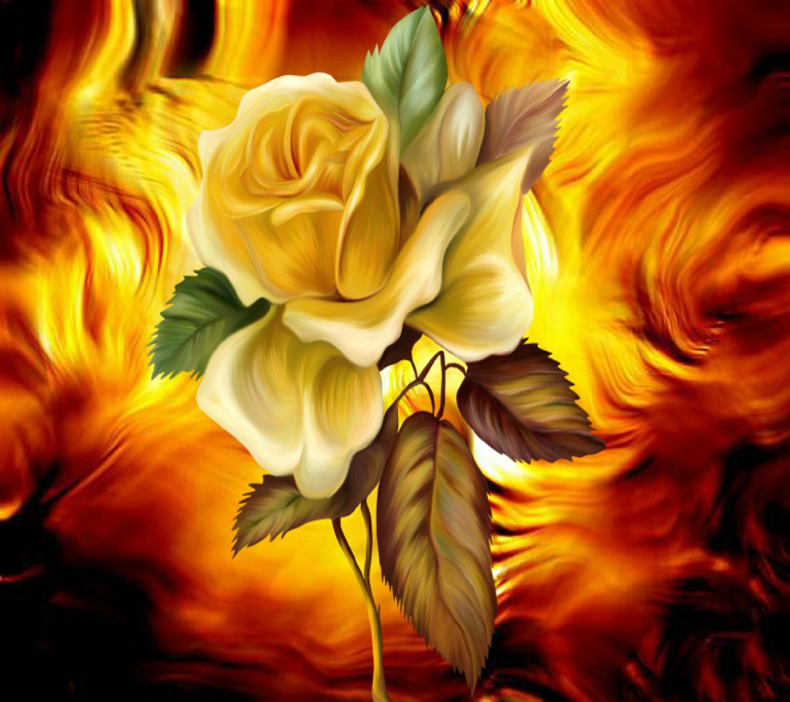 A painting of a yellow rose with leaves on a fire background (floral, rose)