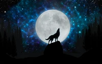 Heulender Wolf unter einem Vollmond inmitten einer sternenreichen Galaxie